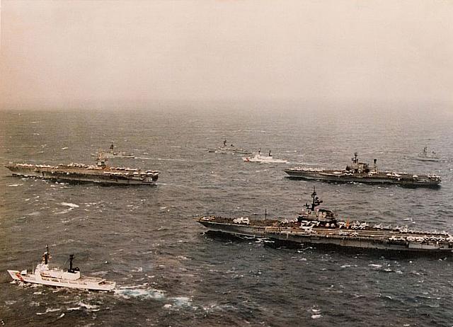 USS Enterprise CV-65, USS Coral Sea CV-43, USS Midway CV-41, and escorts - NORPAC 1982