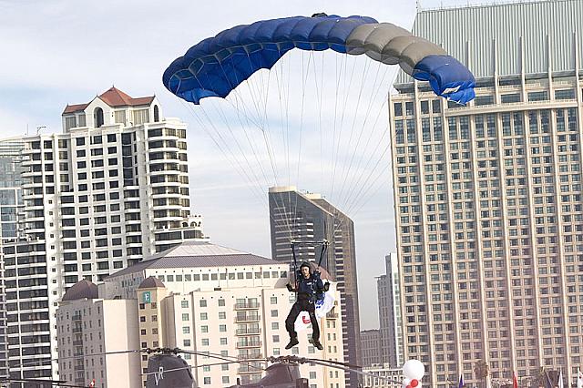 Skydiver preparing to land on flight deck [11-11-09] - Clint Griffin photo