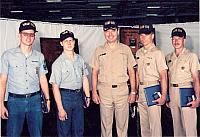 Bernie Burawski, an AMS, CDR Leo F. McGinn (CO),  LT Pete Tomczak (Pilot), & CDR David W. Daugherty (Ops Officer)